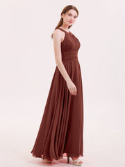 Halter Neck Open Back Chiffon Bridesmaid Dress-Terracotta Plus Size