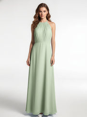 Halter Neck Chiffon Maxi Dress with Circle Skirt-Dusty Sage