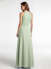 Halter Neck Chiffon Maxi Dress with Circle Skirt-Dusty Sage