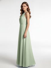 Halter Neck Chiffon Maxi Dress with Circle Skirt-Dusty Sage