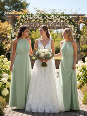 Halter Neck Chiffon Maxi Dress with Circle Skirt-Dusty Sage