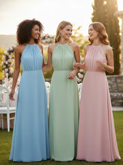 Halter Neck Chiffon Maxi Dress with Circle Skirt-Dusty Sage