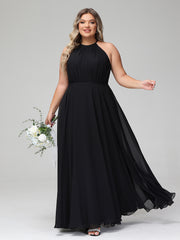 BABARONI Plus Size Black Bridesmaid Dress Halter Neck Chiffon Maxi Gown with Circle Skirt