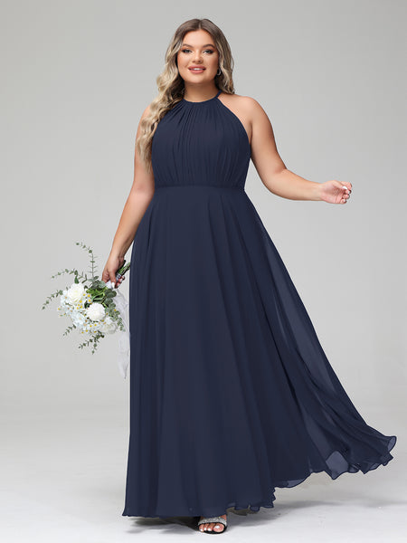 Dark Navy Plus Size Chiffon Bridesmaid Dress BABARONI Halter Neck Maxi Flowy Skirt Gown Dark Navy Plus Size Chiffon Bridesmaid Dress BABARONI Halter Neck Maxi Flowy Skirt Gown