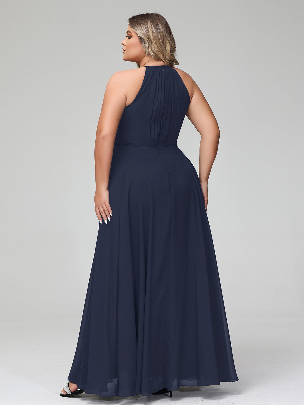 Dark Navy Plus Size Chiffon Bridesmaid Dress BABARONI Halter Neck Maxi Flowy Skirt Gown