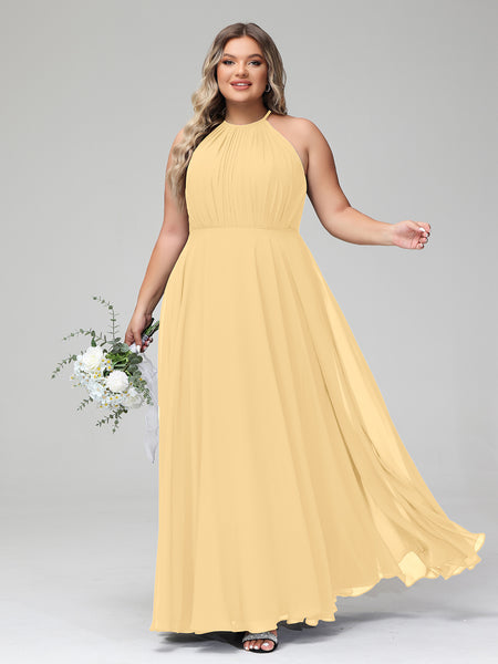 Gold Plus Size Chiffon Bridesmaid Dress BABARONI Halter Neck Maxi Flowy Skirt Gown