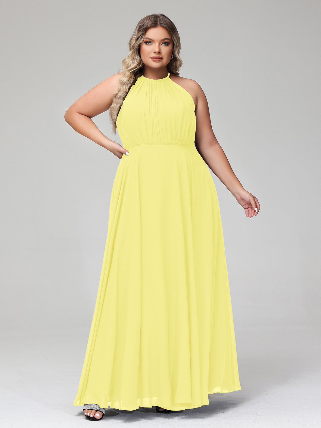Lemon Plus Size Chiffon Bridesmaid Dress BABARONI Halter Neck Maxi Flowy Skirt Gown