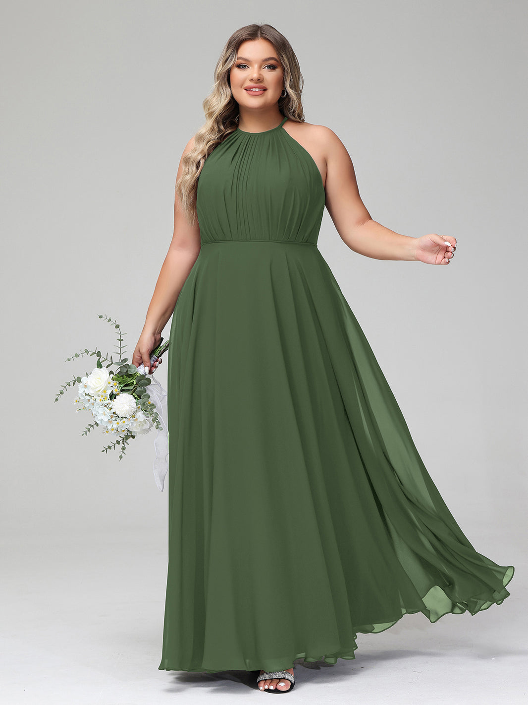 Olive Green Plus Size Chiffon Bridesmaid Dress BABARONI Halter Neck Maxi Flowy Skirt Gown Olive Green Plus Size Chiffon Bridesmaid Dress BABARONI Halter Neck Maxi Flowy Skirt Gown