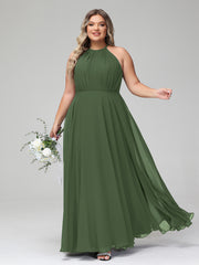 Olive Green Plus Size Chiffon Bridesmaid Dress BABARONI Halter Neck Maxi Flowy Skirt Gown
