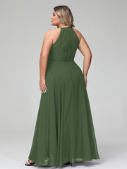 Halter Neck Chiffon Maxi Dress with Circle Skirt-Olive Green Plus Size