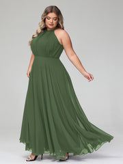 Halter Neck Chiffon Maxi Dress with Circle Skirt-Olive Green Plus Size