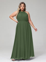 Halter Neck Chiffon Maxi Dress with Circle Skirt-Olive Green Plus Size