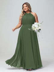 Halter Neck Chiffon Maxi Dress with Circle Skirt-Olive Green Plus Size