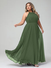 Halter Neck Chiffon Maxi Dress with Circle Skirt-Olive Green Plus Size