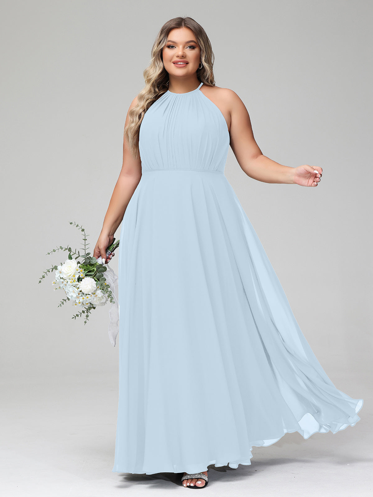Halter Neck Chiffon Maxi Dress with Circle Skirt-Sky Blue Plus Size ...