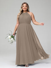 Taupe Plus Size Chiffon Bridesmaid Dress BABARONI Halter Neck Maxi Flowy Skirt Gown