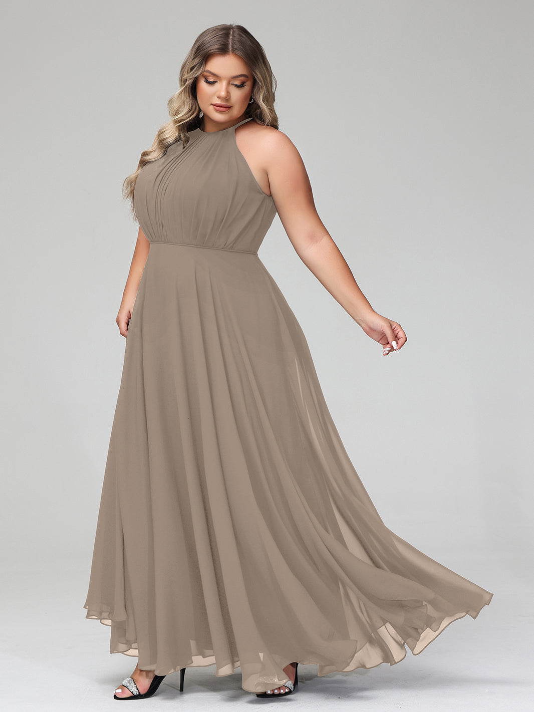 plus size taupe bridesmaid dresses Taupe Plus Size Chiffon Bridesmaid Dress BABARONI Halter Neck Maxi Flowy Skirt Gown