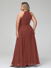 Halter Neck Chiffon Maxi Dress with Circle Skirt-Terracotta Plus Size