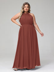 Halter Neck Chiffon Maxi Dress with Circle Skirt-Terracotta Plus Size