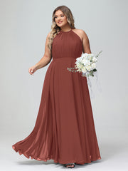 Halter Neck Chiffon Maxi Dress with Circle Skirt-Terracotta Plus Size