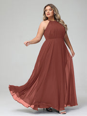 Halter Neck Chiffon Maxi Dress with Circle Skirt-Terracotta Plus Size