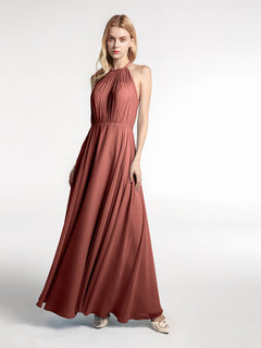 Halter Neck Chiffon Maxi Dress with Circle Skirt-Terracotta