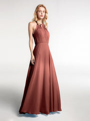 Halter Neck Chiffon Maxi Dress with Circle Skirt-Terracotta