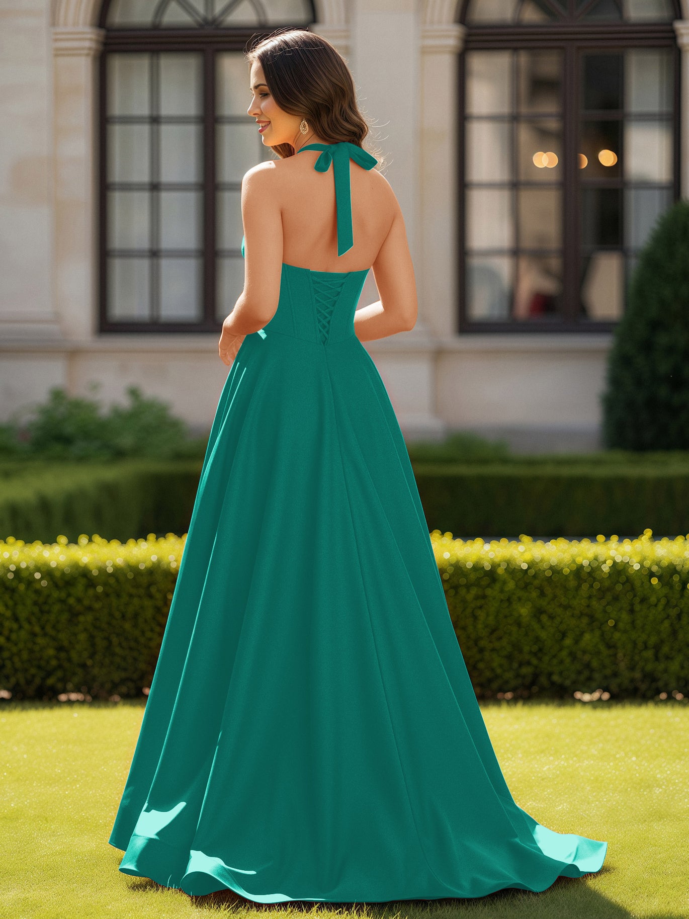 jade evening dresses BABARONI BABARONI Satin Jade Prom Dresses A-line Halter Sleeveless With Slit, Jade / US0