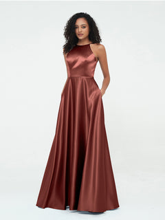A-line Halter Max Satin Dresses with Pockets-Terracotta