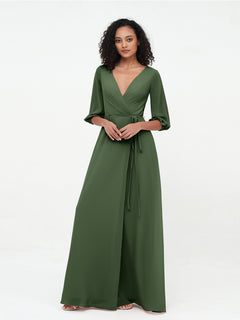 Deep V-neck 1/2 Sleeves Chiffon Max Dresses-Olive Green