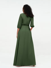 Deep V-neck 1/2 Sleeves Chiffon Max Dresses-Olive Green Plus Size