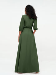 Deep V-neck 1/2 Sleeves Chiffon Max Dresses-Olive Green