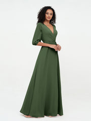 Deep V-neck 1/2 Sleeves Chiffon Max Dresses-Olive Green Plus Size