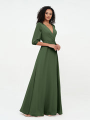 Deep V-neck 1/2 Sleeves Chiffon Max Dresses-Olive Green