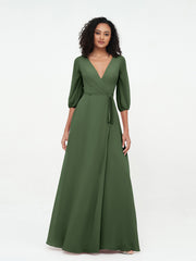 Deep V-neck 1/2 Sleeves Chiffon Max Dresses-Olive Green