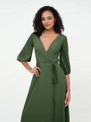 Deep V-neck 1/2 Sleeves Chiffon Max Dresses-Olive Green