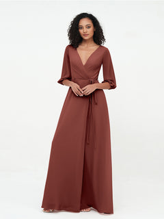 Deep V-neck 1/2 Sleeves Chiffon Max Dresses-Terracotta