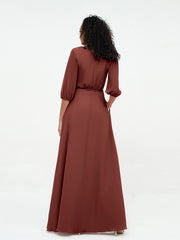Deep V-neck 1/2 Sleeves Chiffon Max Dresses-Terracotta Plus Size