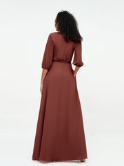 Deep V-neck 1/2 Sleeves Chiffon Max Dresses-Terracotta
