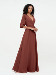 Deep V-neck 1/2 Sleeves Chiffon Max Dresses-Terracotta