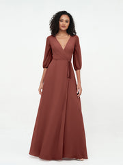 Deep V-neck 1/2 Sleeves Chiffon Max Dresses-Terracotta