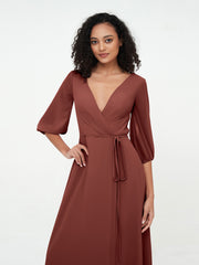 Deep V-neck 1/2 Sleeves Chiffon Max Dresses-Terracotta