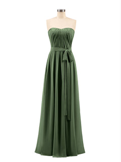 Chiffon Strapless Bridesmaid Gown with Sash-Olive Green