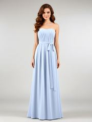 Chiffon Strapless Bridesmaid Gown with Sash-Sky Blue Plus Size