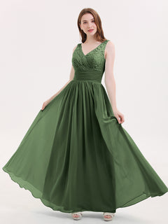 Lace and Chiffon Dresses with Open Back-Olive Green