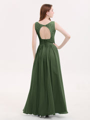 Lace and Chiffon Dresses with Open Back-Olive Green