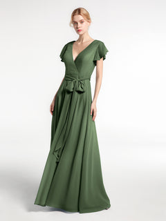 V-neck Cap Sleeves Chiffon Dress with Self-Bow-Olive Green