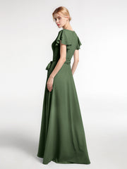 V-neck Cap Sleeves Chiffon Dress with Self-Bow-Olive Green Plus Size