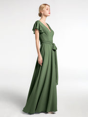 V-neck Cap Sleeves Chiffon Dress with Self-Bow-Olive Green Plus Size