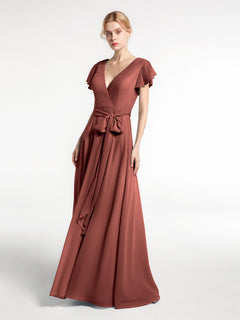 V-neck Cap Sleeves Chiffon Dress with Self-Bow-Terracotta Plus Size